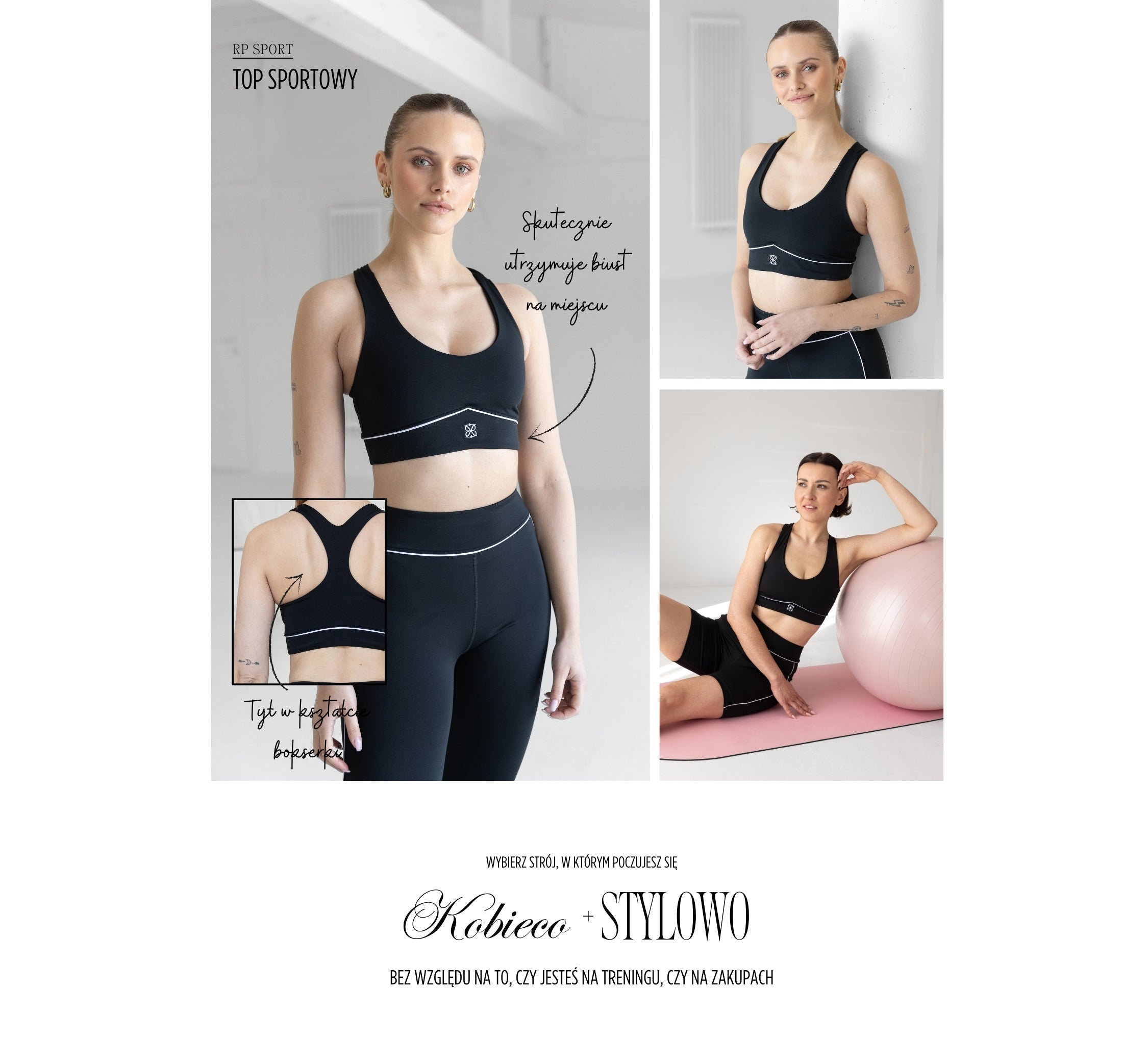 Baner: RP Sport Top Sportowy. Czarny top z tyłem bokserek, skutecznie utrzymujący biust.
