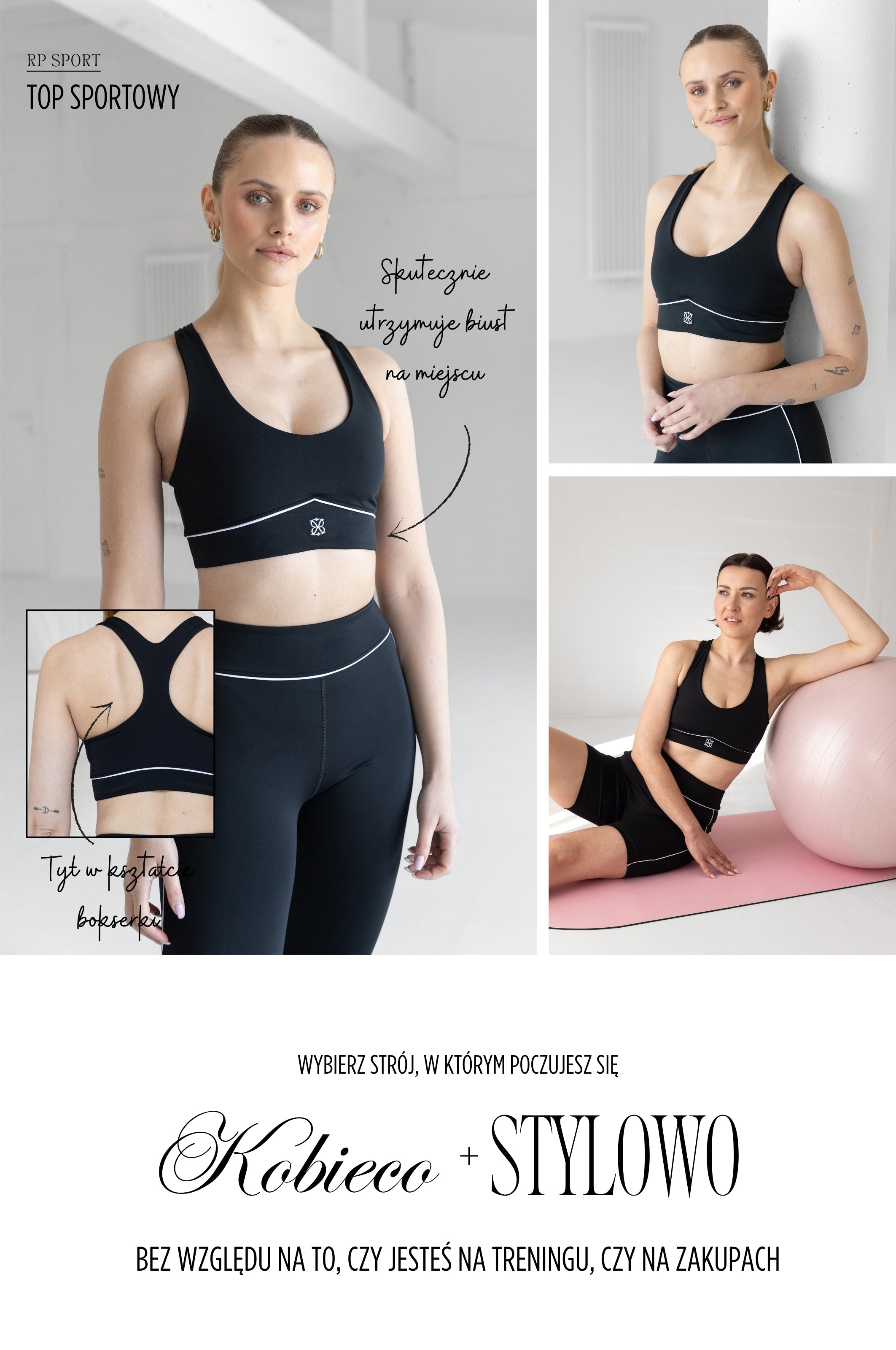 Baner: RP Sport Top Sportowy. Czarny top z tyłem bokserek, skutecznie utrzymujący biust.
